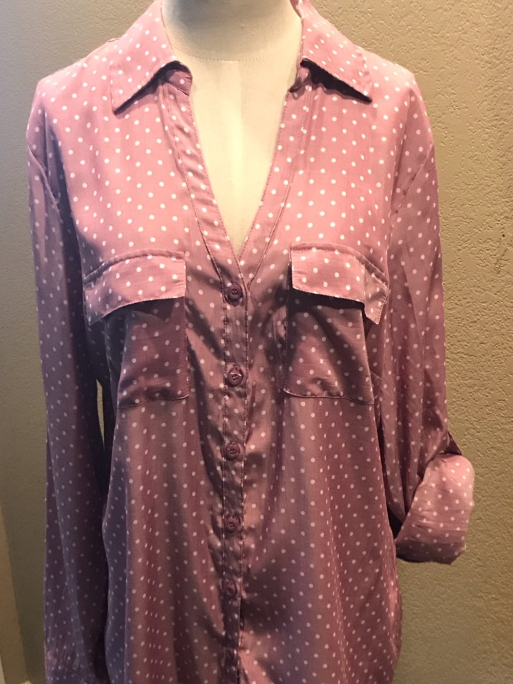 New York & Company Pink Polka Dot Button-Down Shirt
